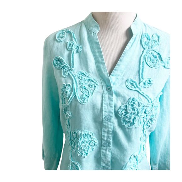 Charter Club Women Teal 100% Linen Embroidered Button Down Casual Blouse 10P - Picture 7 of 9